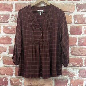 Wrangler Top Women's Small Brown Plaid Henley Western Chic Casual Knit Shirt